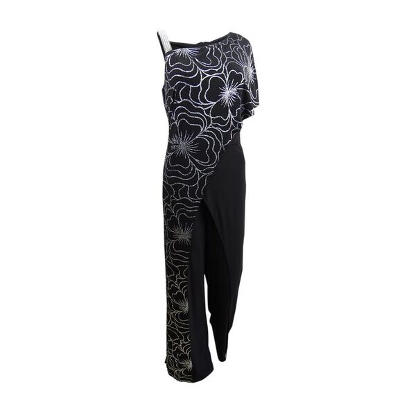 28th & Park Pants - 28th & Park Women's One-Shoulder Overlay Jumpsuit (12, Black/Silver)